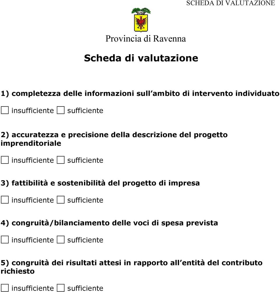 sufficiente 3) fattibilità e sostenibilità del progetto di impresa insufficiente sufficiente 4) congruità/bilanciamento delle voci di