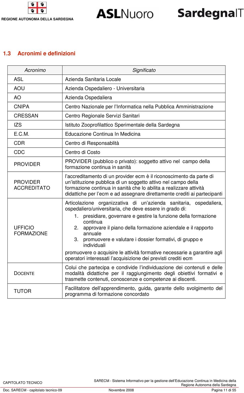 Pubblica Amministrazione Centro Regionale Servizi Sanitari Istituto Zooprofilattico Sperimentale della Sardegna Educazione Continua In Medicina Centro di Responsablità Centro di Costo PROVIDER