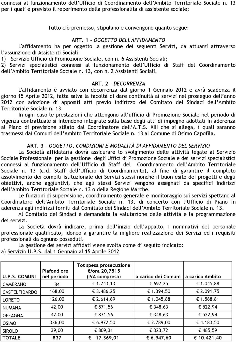 1 - OGGETTO DELL'AFFIDAMENTO L'affidamento ha per oggetto la gestione dei seguenti Servizi, da attuarsi attraverso l assunzione di Assistenti Sociali: 1) Servizio Ufficio di Promozione Sociale, con n.