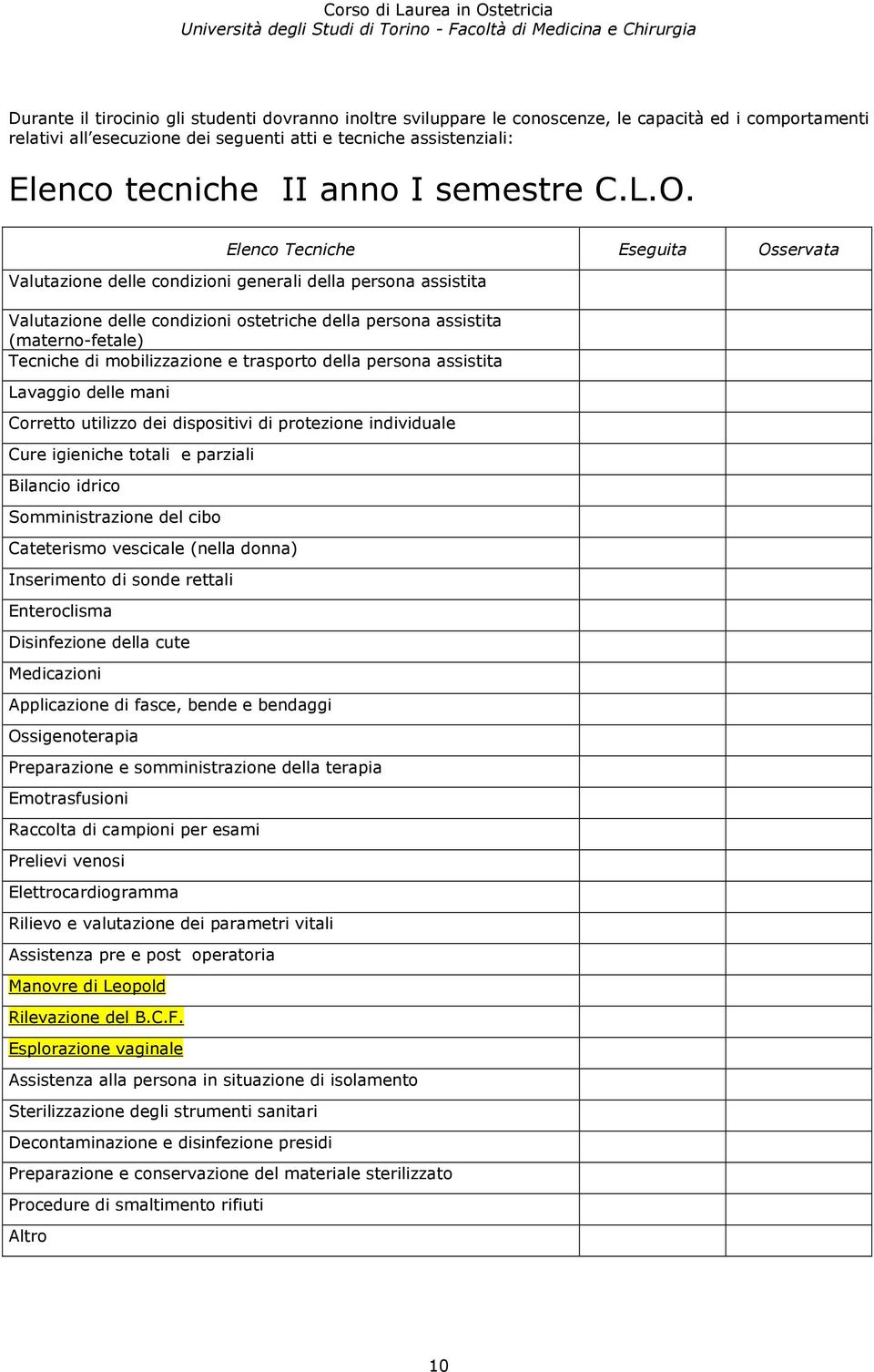 Elenco Tecniche Eseguita Osservata Valutazione delle condizioni generali della persona assistita Valutazione delle condizioni ostetriche della persona assistita (materno-fetale) Tecniche di