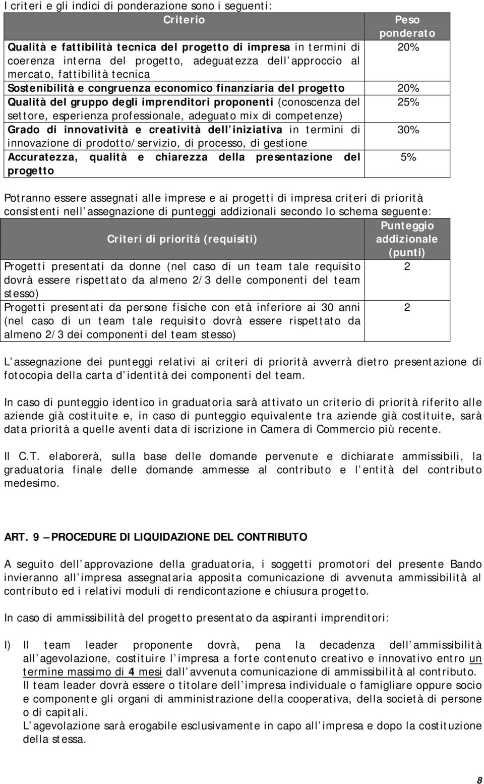 esperienza professionale, adeguato mix di competenze) Grado di innovatività e creatività dell iniziativa in termini di 30% innovazione di prodotto/servizio, di processo, di gestione Accuratezza,