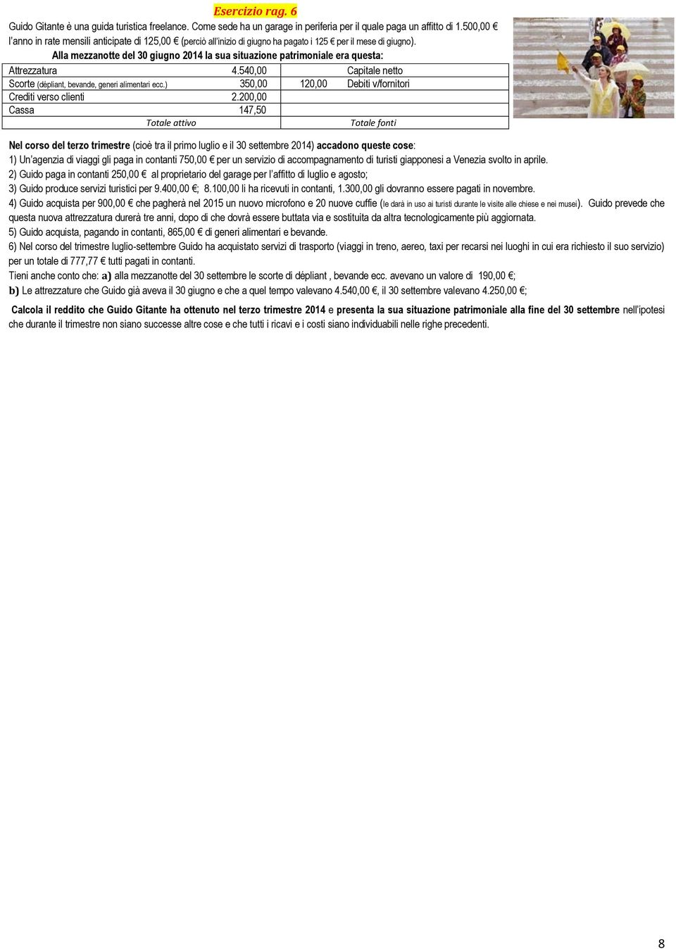 Alla mezzanotte del 30 giugno 2014 la sua situazione patrimoniale era questa: Attrezzatura 4.540,00 Capitale netto Scorte (dépliant, bevande, generi alimentari ecc.