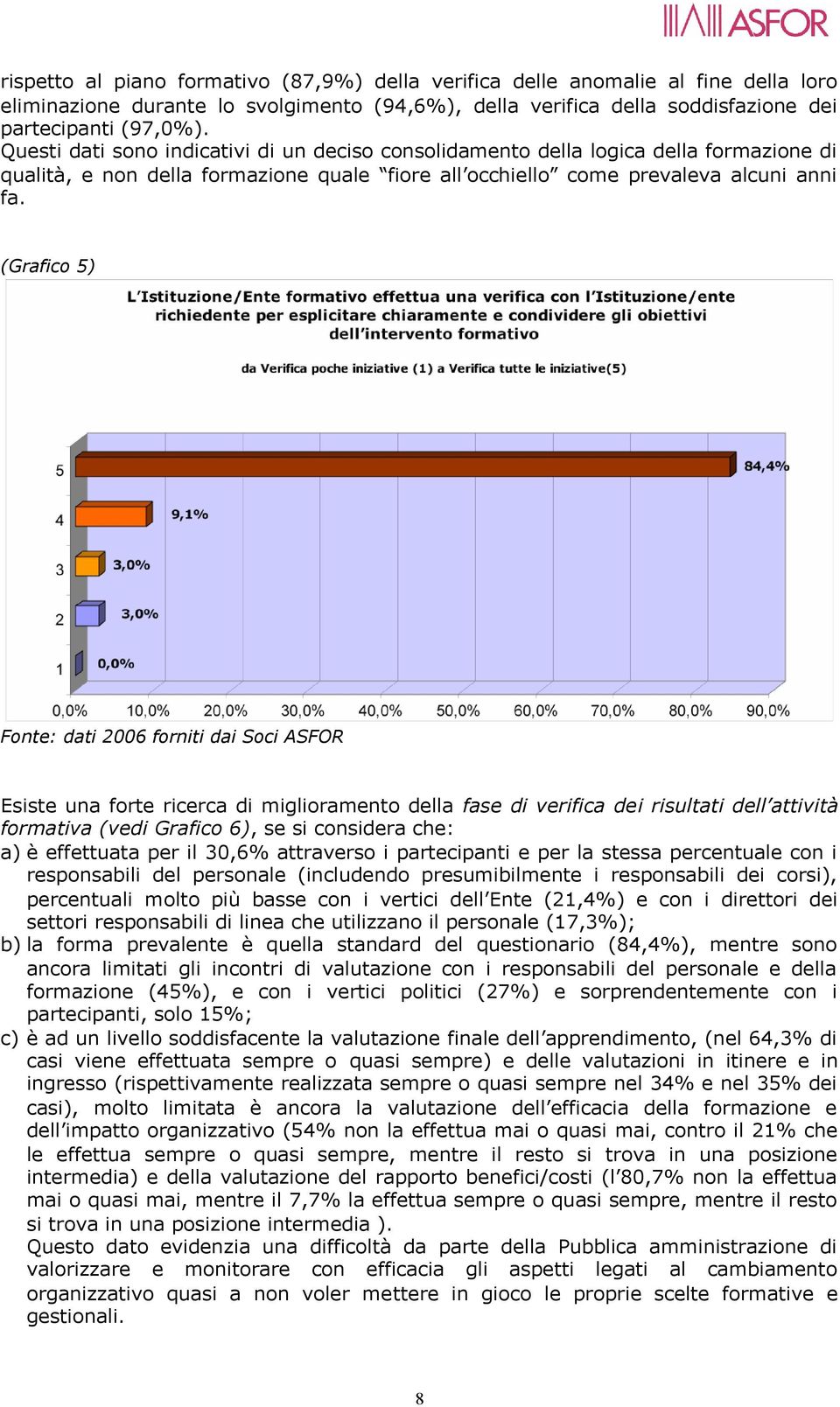 (Grafico 5) Esiste una forte ricerca di miglioramento della fase di verifica dei risultati dell attività formativa (vedi Grafico 6), se si considera che: a) è effettuata per il 30,6% attraverso i