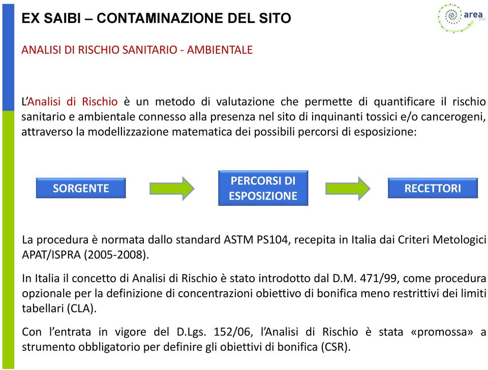 normata dallo standard ASTM PS104, recepita in Italia dai Criteri Metologici APAT/ISPRA (2005-2008). In Italia il concetto di Analisi di Rischio è stato introdotto dal D.M. 471/99, come procedura opzionale per la definizione di concentrazioni obiettivo di bonifica meno restrittivi dei limiti tabellari (CLA).