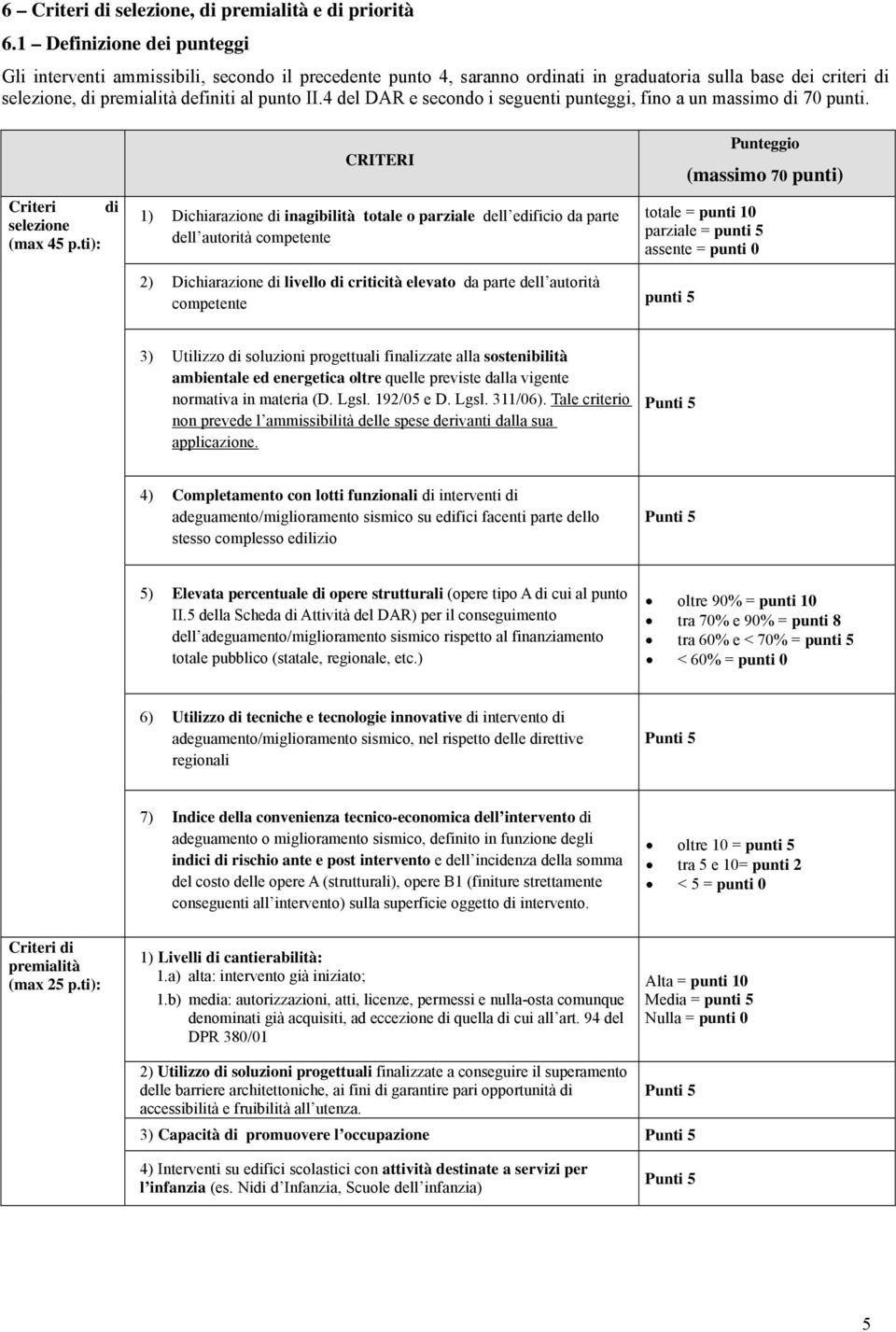 4 del DAR e secondo i seguenti punteggi, fino a un massimo di 70 punti. Criteri di selezione (max 45 p.