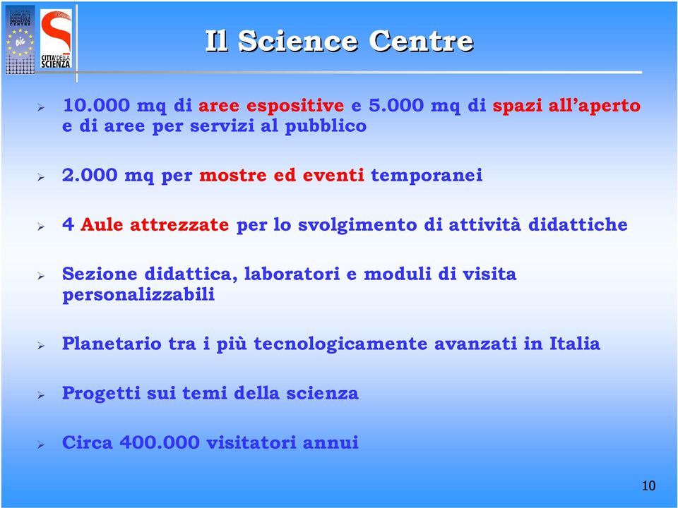 000 mq per mostre ed eventi temporanei 4 Aule attrezzate per lo svolgimento di attività didattiche