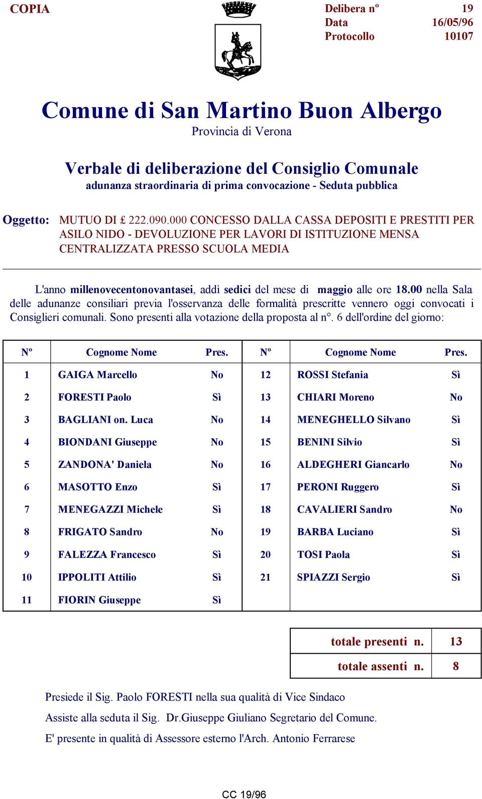 000 CONCESSO DALLA CASSA DEPOSITI E PRESTITI PER ASILO NIDO - DEVOLUZIONE PER LAVORI DI ISTITUZIONE MENSA CENTRALIZZATA PRESSO SCUOLA MEDIA L'anno millenovecentonovantasei, addì sedici del mese di