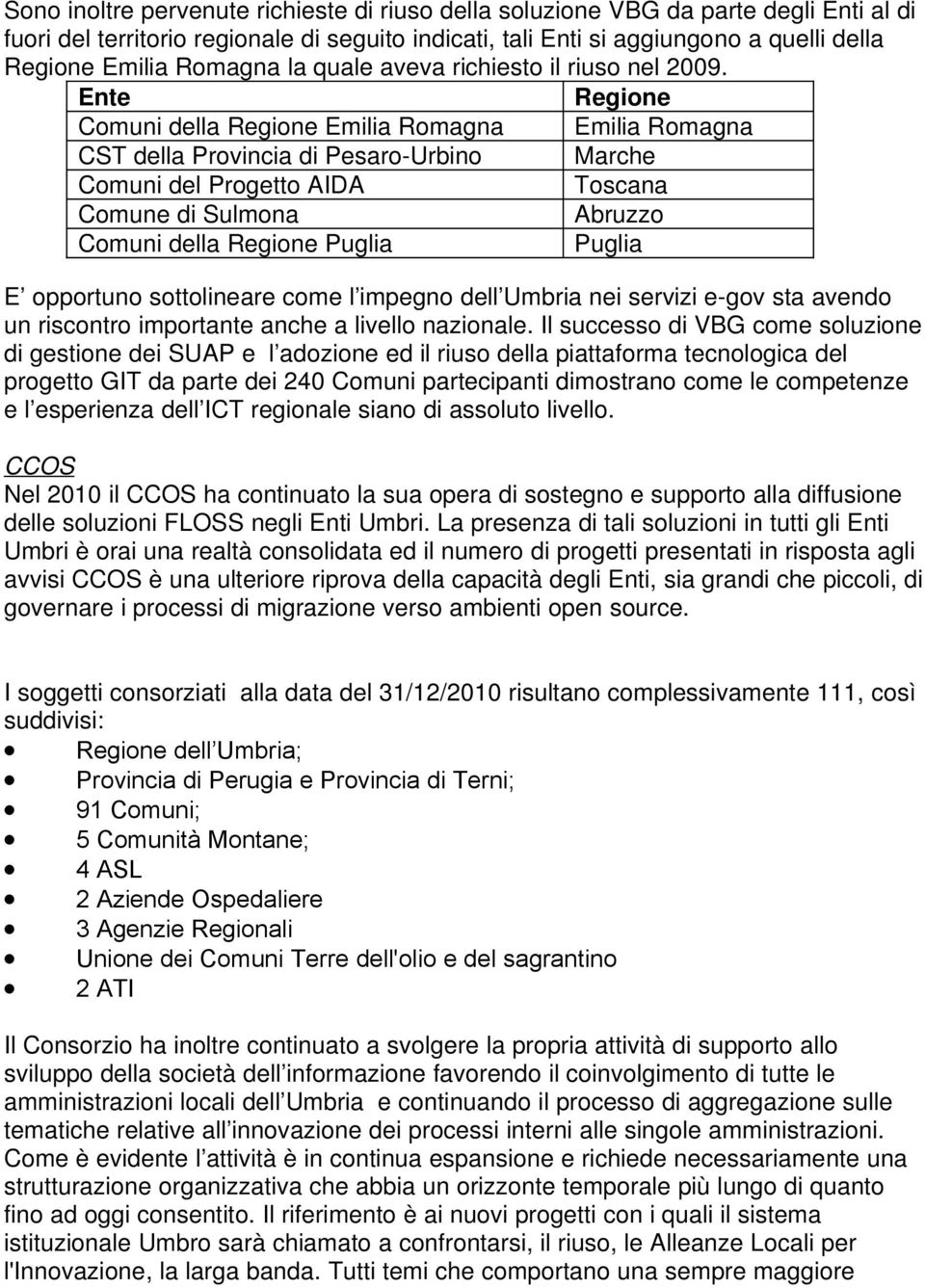 Ente Regione Comuni della Regione Emilia Romagna Emilia Romagna CST della Provincia di Pesaro-Urbino Marche Comuni del Progetto AIDA Toscana Comune di Sulmona Abruzzo Comuni della Regione Puglia