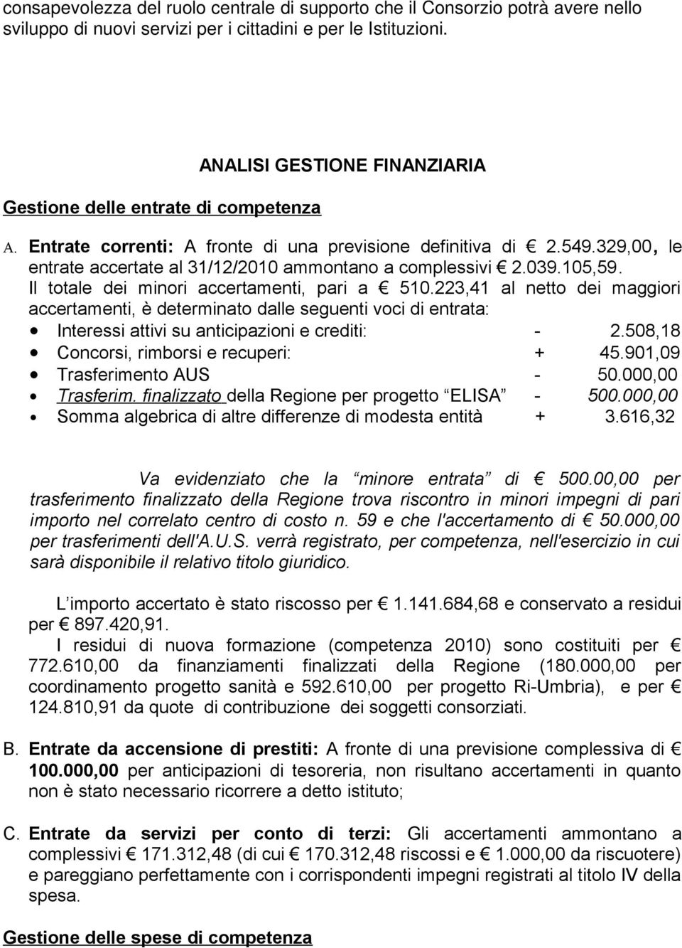 329,00, le entrate accertate al 31/12/2010 ammontano a complessivi 2.039.105,59. Il totale dei minori accertamenti, pari a 510.