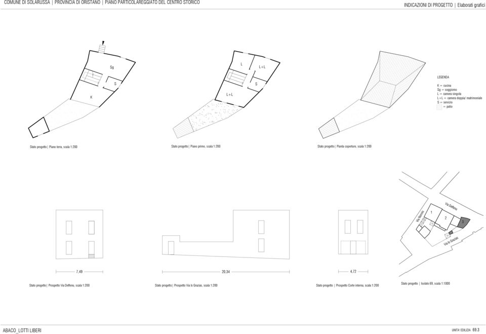 coperture, scala 1:200 1 2 3 7,49 20,34 4,72 tato progetto Prospetto Via Deffenu, scala 1:200 tato progetto Prospetto Via Is