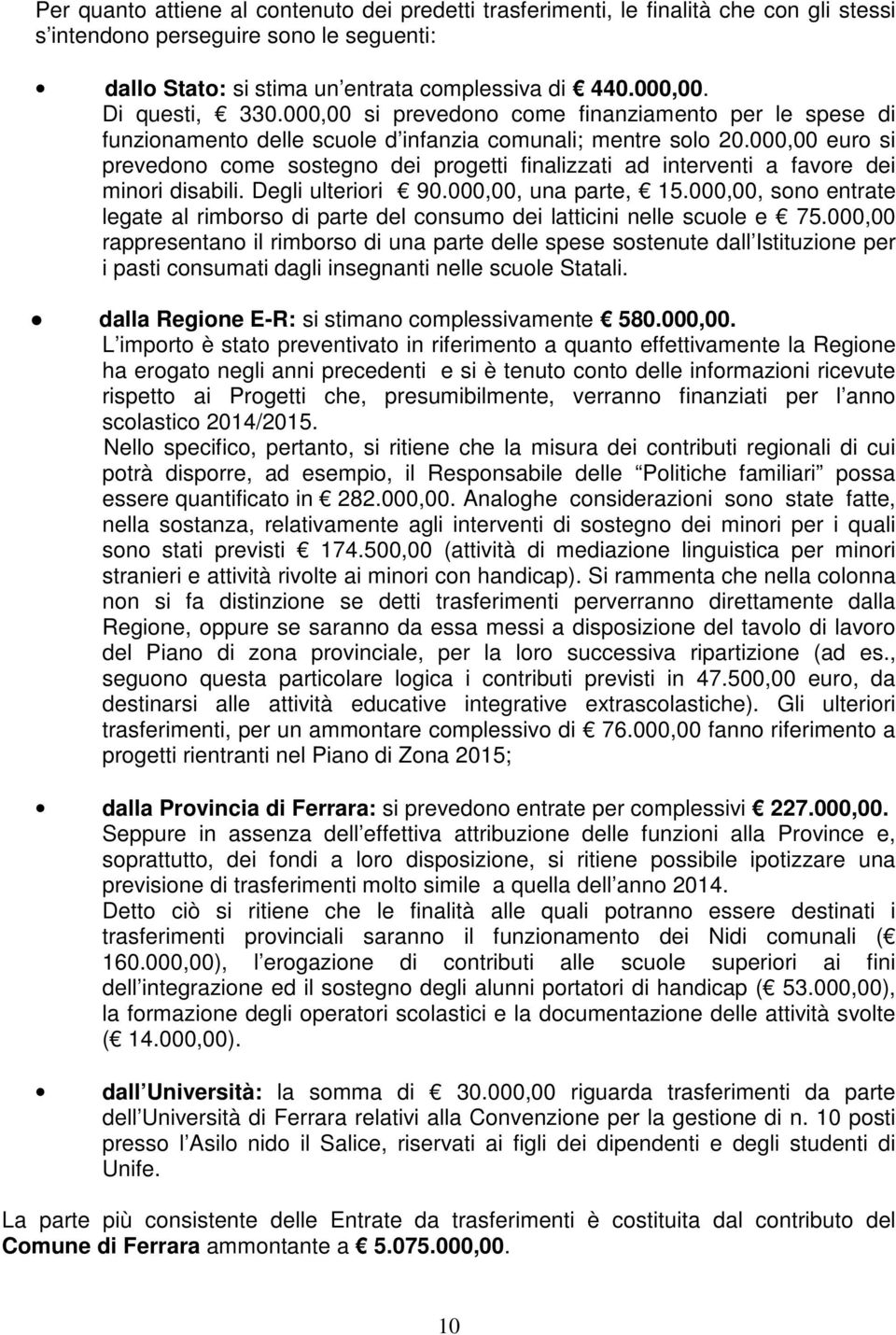 000,00 euro si prevedono come sostegno dei progetti finalizzati ad interventi a favore dei minori disabili. Degli ulteriori 90.000,00, una parte, 15.