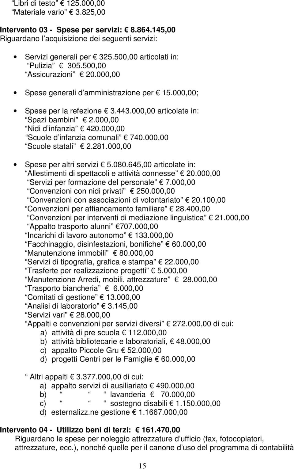 000,00 Nidi d infanzia 420.000,00 Scuole d infanzia comunali 740.000,00 Scuole statali 2.281.000,00 Spese per altri servizi 5.080.