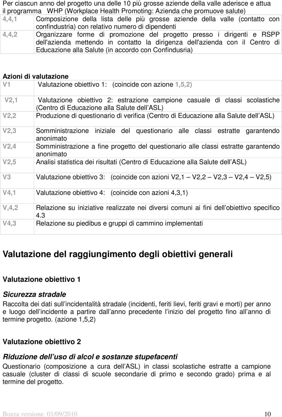 in contatto la dirigenza dell'azienda con il Centro di Educazione alla Salute (in accordo con Confindusria) Azioni di valutazione V1 Valutazione obiettivo 1: (coincide con azione 1,5,2) V2,1