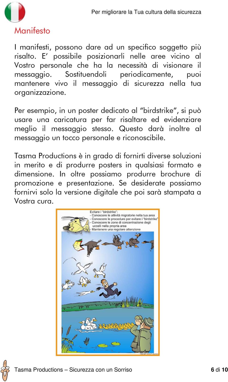 Per esempio, in un poster dedicato al birdstrike, si può usare una caricatura per far risaltare ed evidenziare meglio il messaggio stesso.