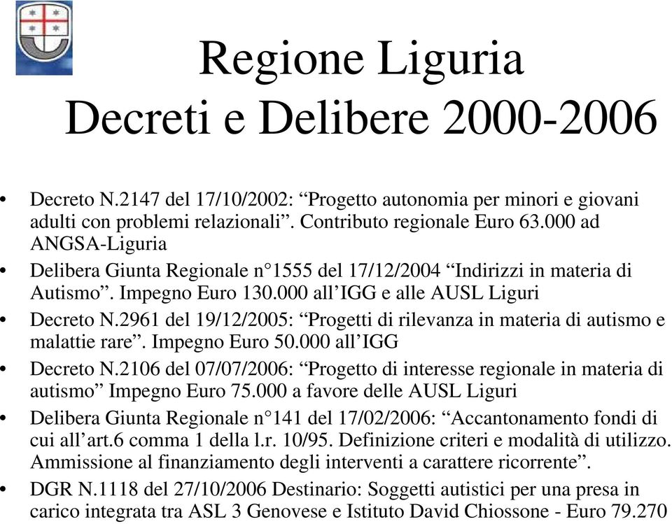 296 del 9/2/2005: Progetti di rilevanza in materia di autismo e malattie rare. Impegno Euro 50.000 all IGG Decreto N.