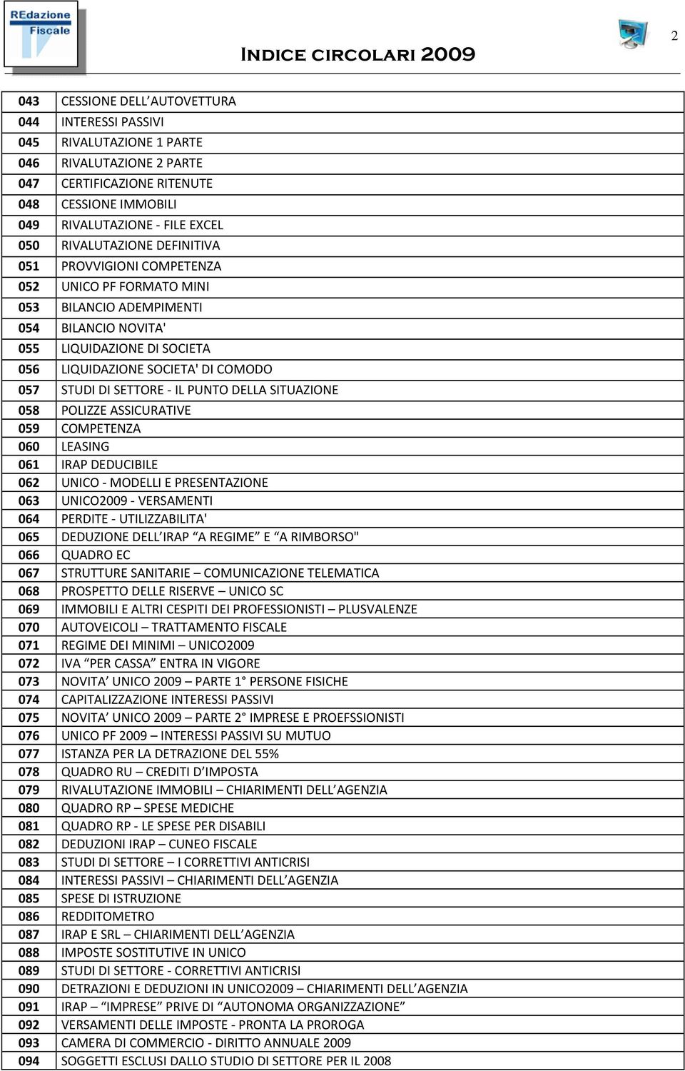 DI SETTORE IL PUNTO DELLA SITUAZIONE 058 POLIZZE ASSICURATIVE 059 COMPETENZA 060 LEASING 061 IRAP DEDUCIBILE 062 UNICO MODELLI E PRESENTAZIONE 063 UNICO2009 VERSAMENTI 064 PERDITE UTILIZZABILITA' 065