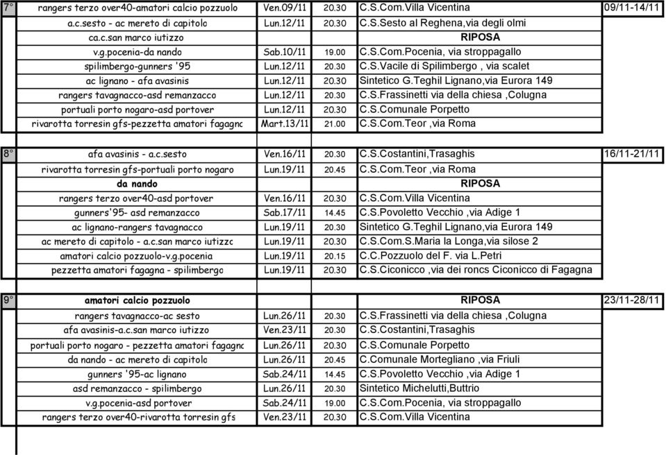 Teghil Lignano,via Eurora 149 rangers tavagnacco-asd remanzacco Lun.12/11 20.30 C.S.Frassinetti via della chiesa,colugna portuali porto nogaro-asd portover Lun.12/11 20.30 C.S.Comunale Porpetto rivarotta torresin gfs-pezzetta amatori fagagna Mart.