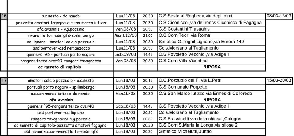 Teghil Lignano,via Eurora 149 asd portover-asd remanzacco Lun.11/03 20.30 Cc.s.Morsano al Tagliamento gunners '95 - portuali porto nogaro Sa