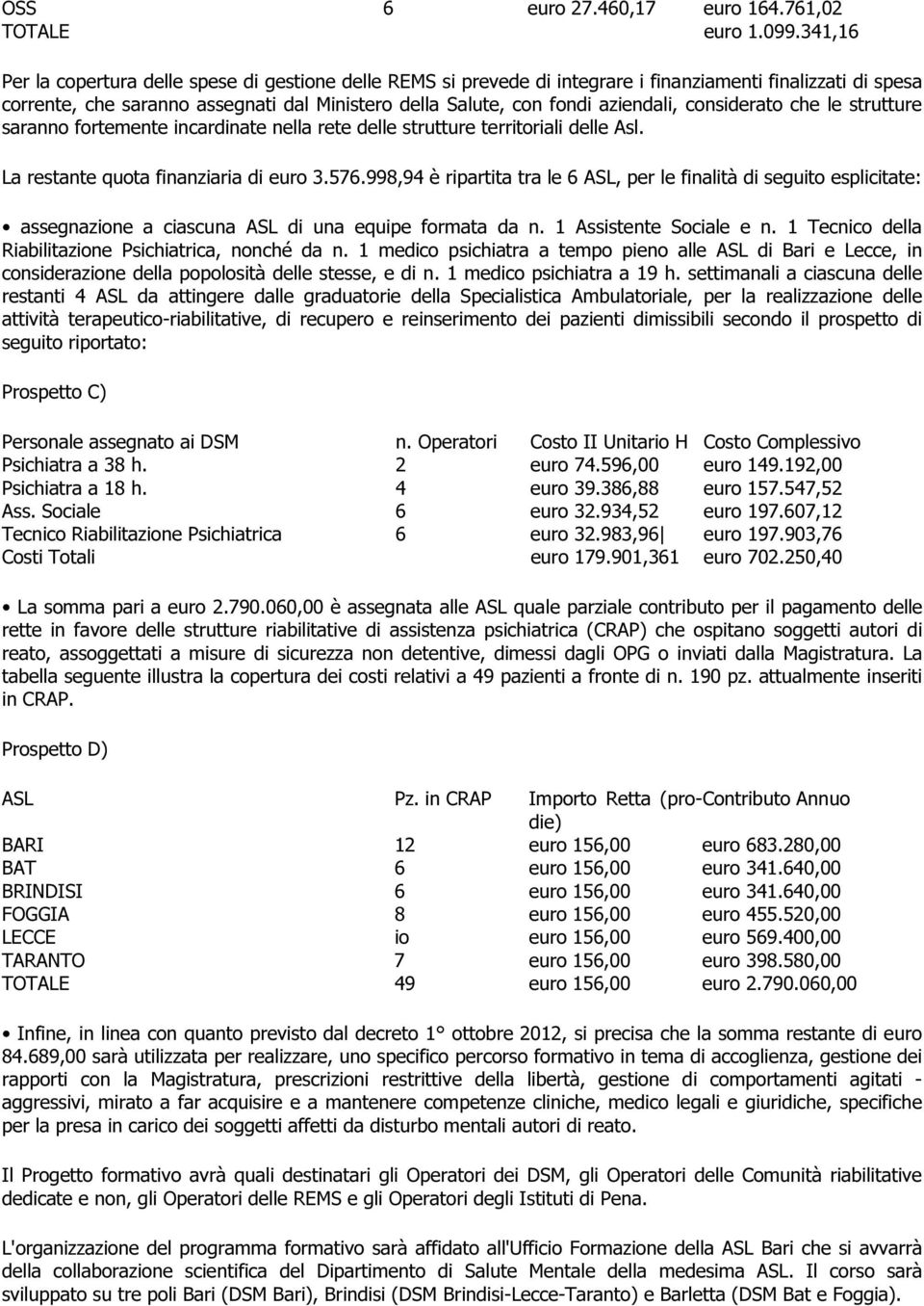 aziendali, considerato che le strutture saranno fortemente incardinate nella rete delle strutture territoriali delle Asl. La restante quota finanziaria di euro 3.576.