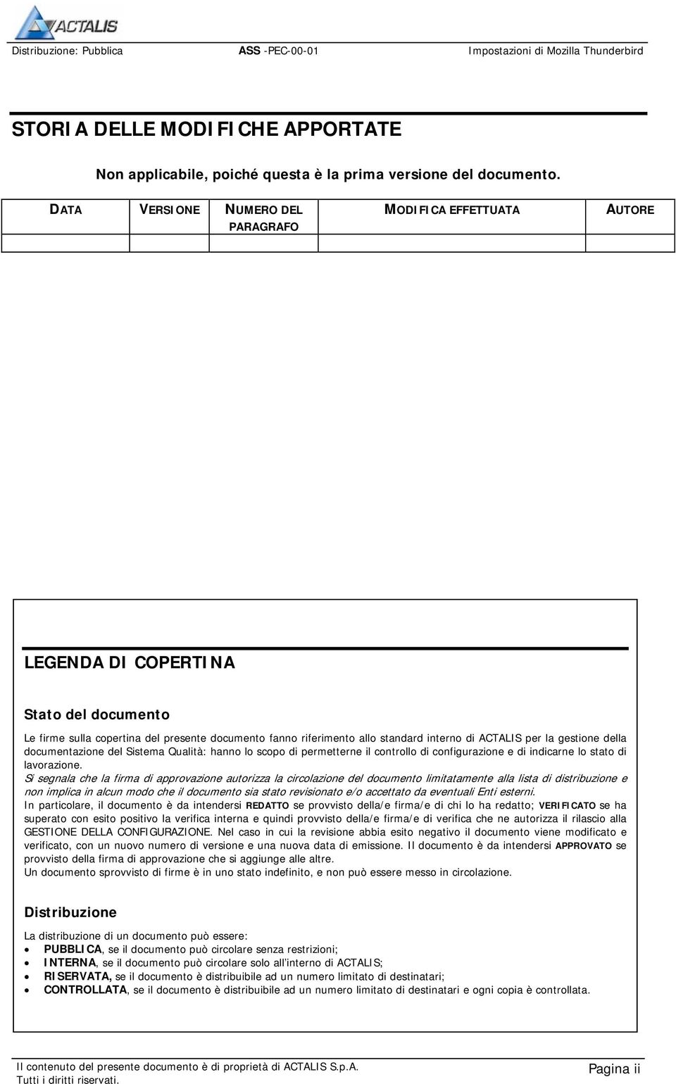 ACTALIS per la gestione della documentazione del Sistema Qualità: hanno lo scopo di permetterne il controllo di configurazione e di indicarne lo stato di lavorazione.