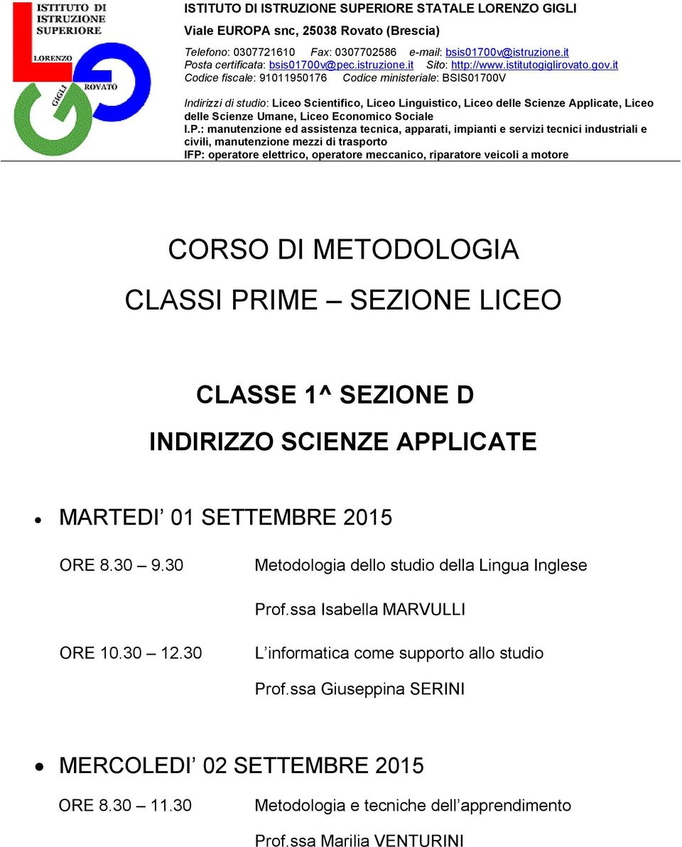 SETTEMBRE 2015 ORE 8.30 9.