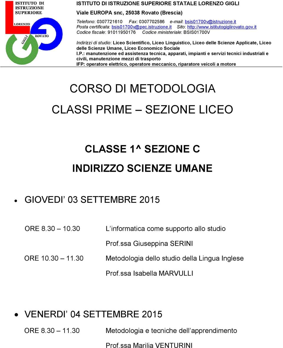 GIOVEDI 03 SETTEMBRE 2015