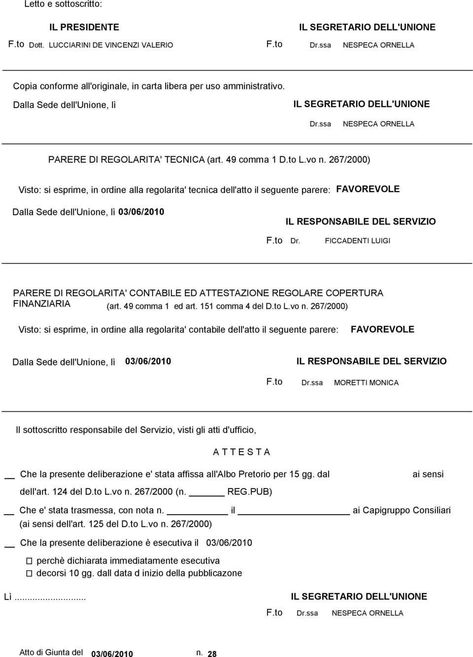 267/2000) Visto: si esprime, in ordine alla regolarita' tecnica dell'atto il seguente parere: FAVOREVOLE Dalla Sede dell'unione, lì 03/06/2010 IL RESPONSABILE DEL SERVIZIO Dr.