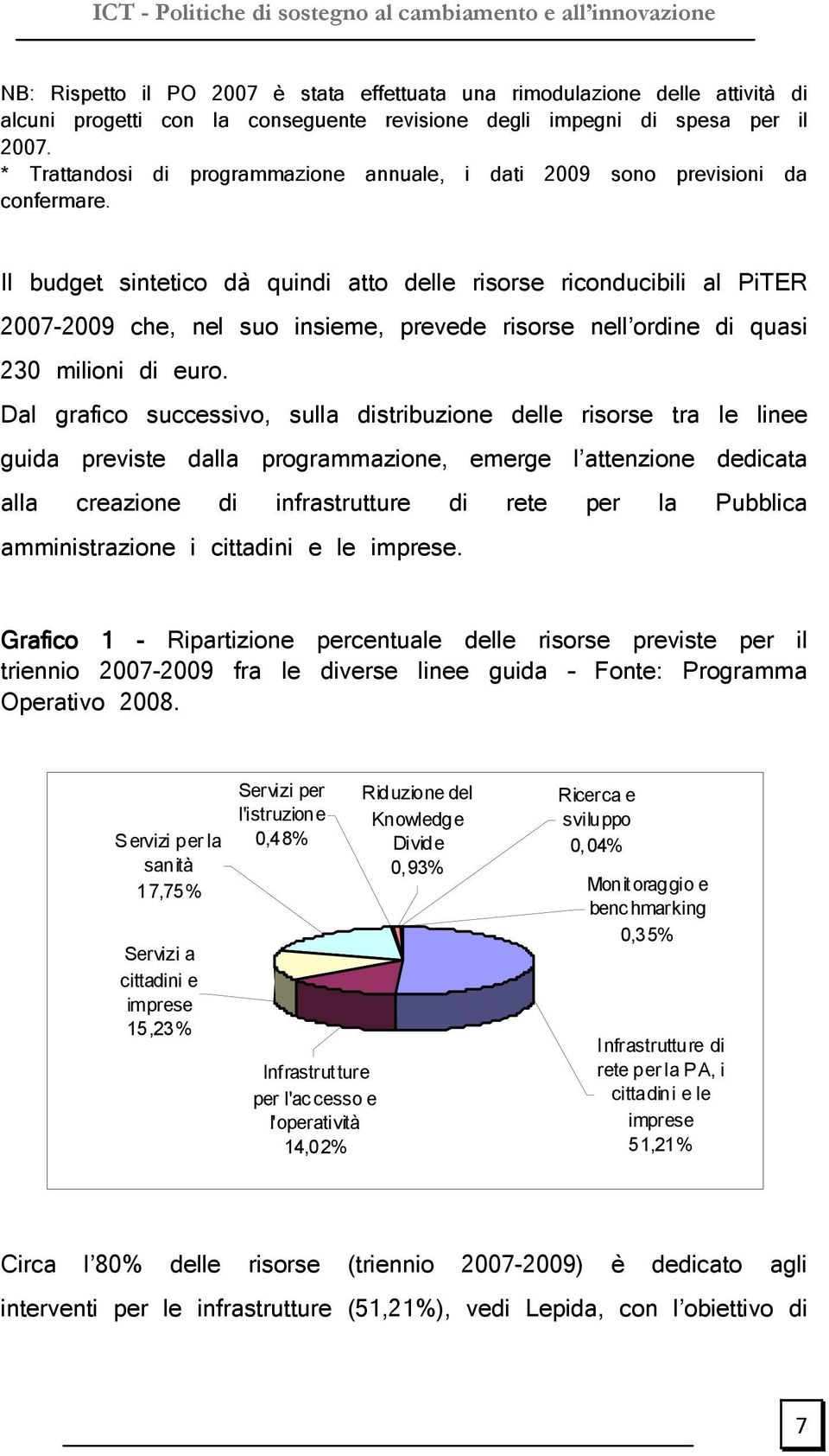 Il budget sintetico dà quindi atto delle risorse riconducibili al PiTER 2007-2009 che, nel suo insieme, prevede risorse nell ordine di quasi 230 milioni di euro.