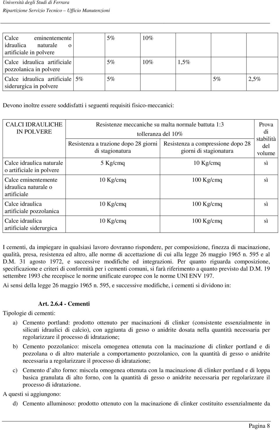 artificiale Calce idraulica artificiale pozzolanica Calce idraulica artificiale siderurgica Resistenze meccaniche su malta normale battuta 1:3 Resistenza a trazione dopo 28 giorni di stagionatura