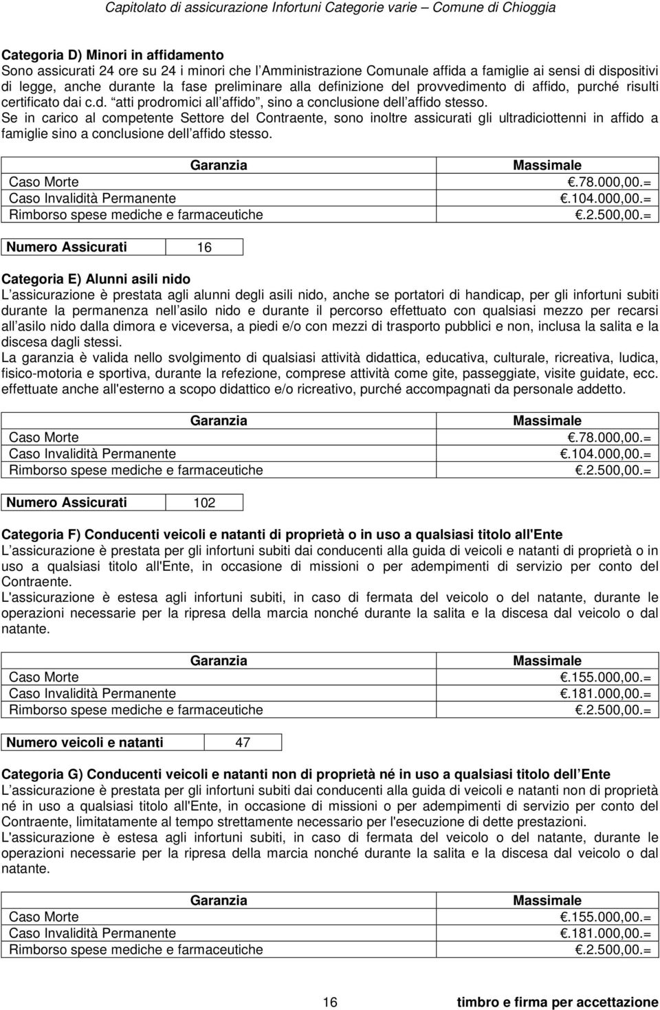 Se in carico al competente Settore del Contraente, sono inoltre assicurati gli ultradiciottenni in affido a famiglie sino a conclusione dell affido stesso. Garanzia Massimale Caso Morte.78.000,00.