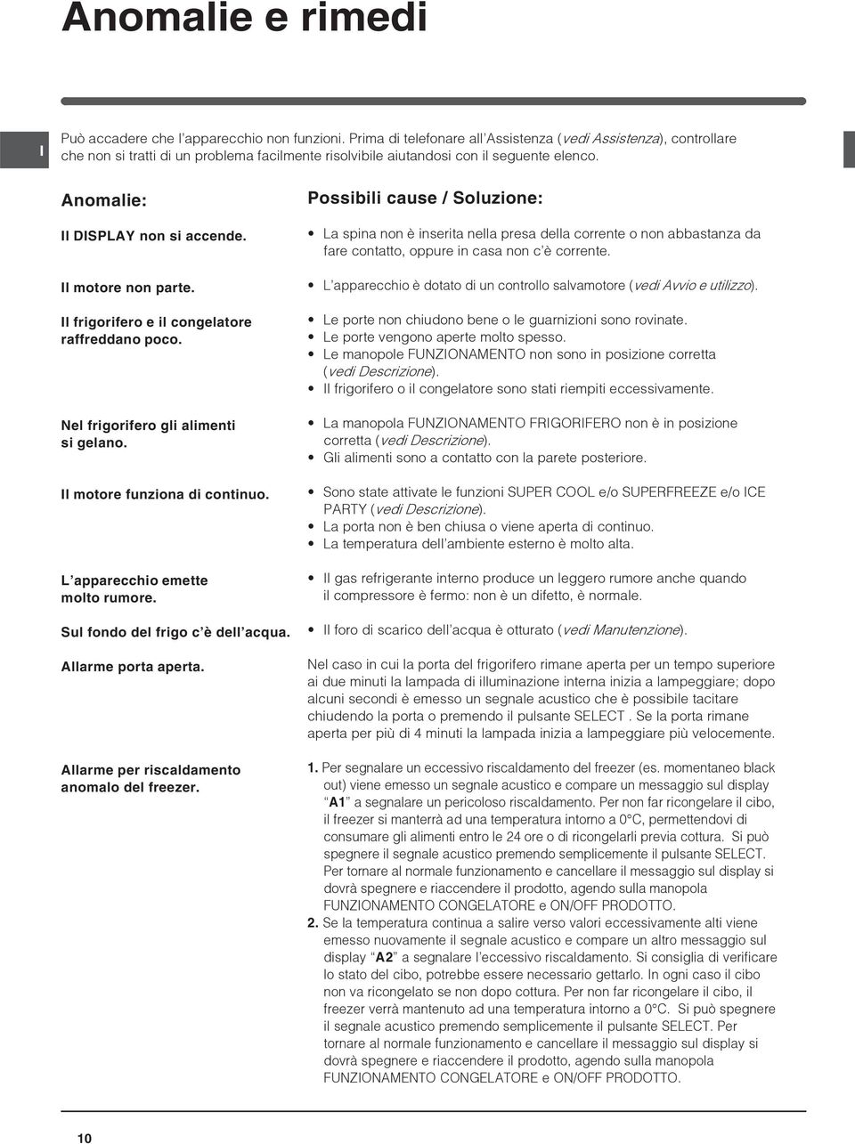 l motore non parte. l frigorifero e il congelatore raffreddano poco. Nel frigorifero gli alimenti si gelano. l motore funziona di continuo. L apparecchio emette molto rumore.