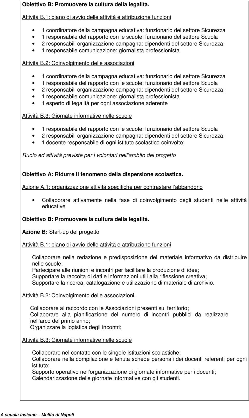 Scuola 2 responsabili organizzazione campagna: dipendenti del settore Sicurezza; 1 responsabile comunicazione: giornalista professionista Attività B.