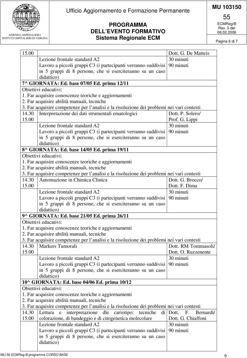 base 21/05 Ed. prima 26/11 Markers Tumorali Dott. RM Tommasoli/ Dott. O. Ruzzenente 10^ GIORNATA: Ed. base 04/06 Ed.