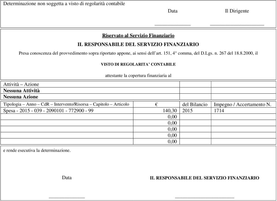 8.2000, il VISTO DI REGOLARITA CONTABILE Attività Azione Nessuna Attività Nessuna Azione attestante la copertura finanziaria al Tipologia Anno CdR