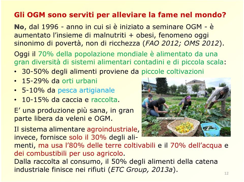 Oggi il 70% della popolazione mondiale è alimentato da una gran diversità di sistemi alimentari contadini e di piccola scala: 30-50% degli alimenti proviene da piccole coltivazioni 15-29% da orti