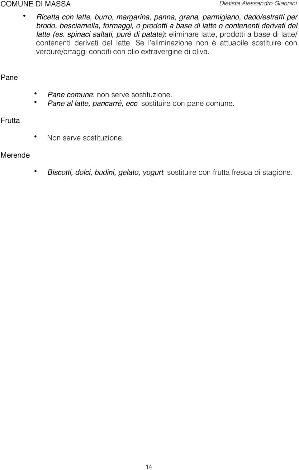 Se l eliminazione non è attuabile sostituire con verdure/ortaggi conditi con olio extravergine di oliva. Pane comune: non serve sostituzione.