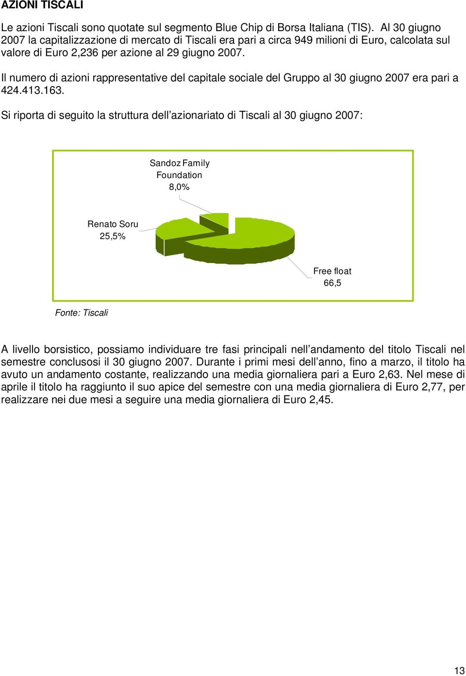 Il numero di azioni rappresentative del capitale sociale del Gruppo al 30 giugno 2007 era pari a 424.413.163.