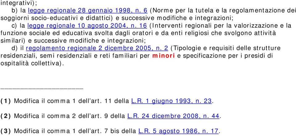 16 (Interventi regionali per la valorizzazione e la funzione sociale ed educativa svolta dagli oratori e da enti religiosi che svolgono attività similari) e successive modifiche e integrazioni; d) il