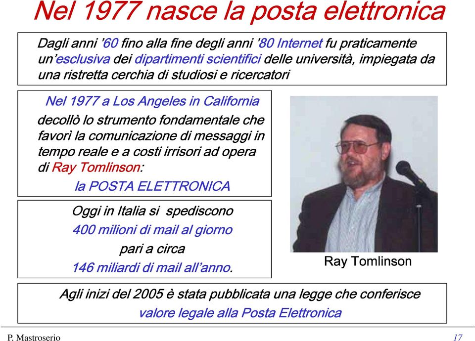 messaggi in tempo reale e a costi irrisori ad opera di Ray Tomlinson: la POSTA ELETTRONICA Oggi in Italia si spediscono 400 milioni di mail al giorno pari a circa