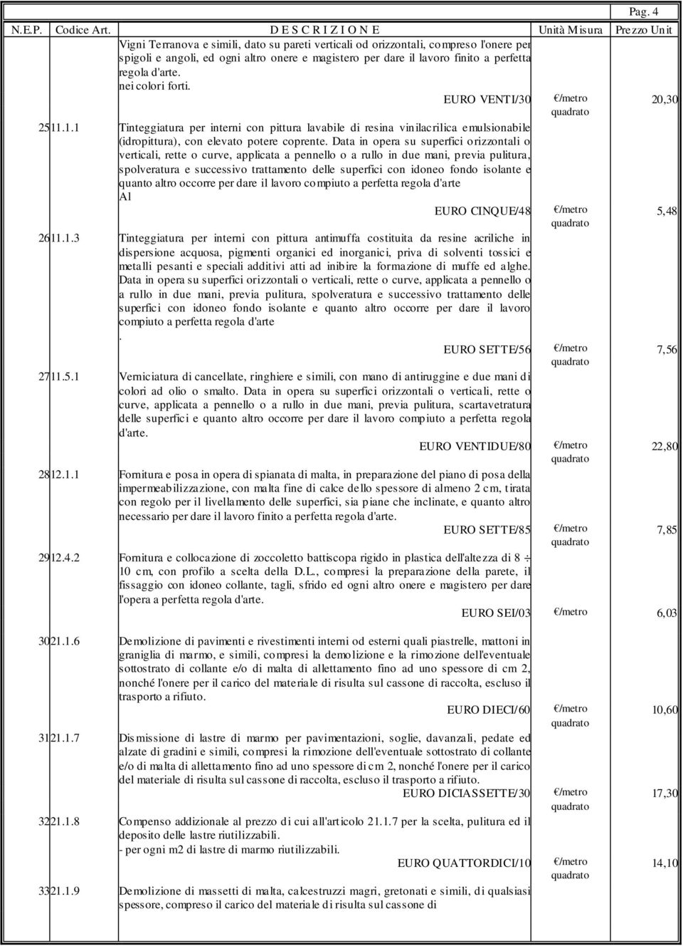 Data in opera su superfici orizzontali o verticali, rette o curve, applicata a pennello o a rullo in due mani, previa pulitura, spolveratura e successivo trattamento delle superfici con idoneo fondo