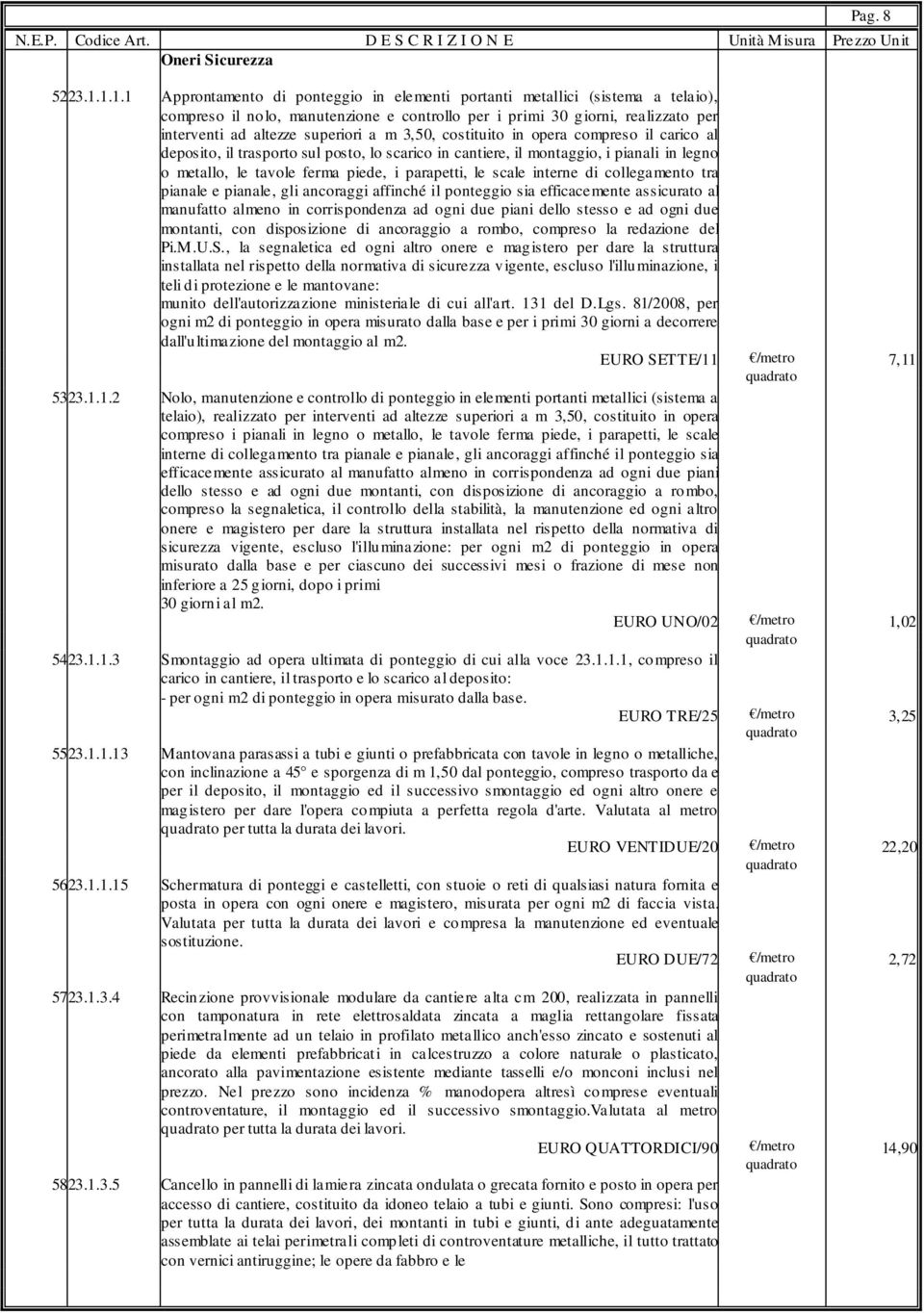 m 3,50, costituito in opera compreso il carico al deposito, il trasporto sul posto, lo scarico in cantiere, il montaggio, i pianali in legno o metallo, le tavole ferma piede, i parapetti, le scale