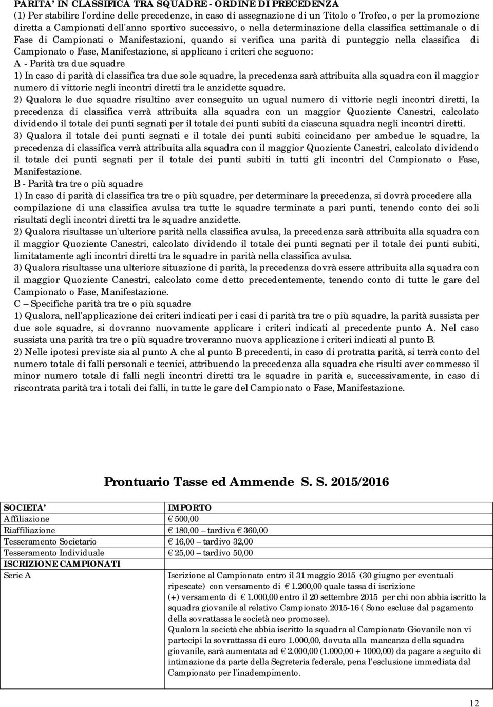 Manifestazione, si applicano i criteri che seguono: A - Parità tra due squadre 1) In caso di parità di classifica tra due sole squadre, la precedenza sarà attribuita alla squadra con il maggior