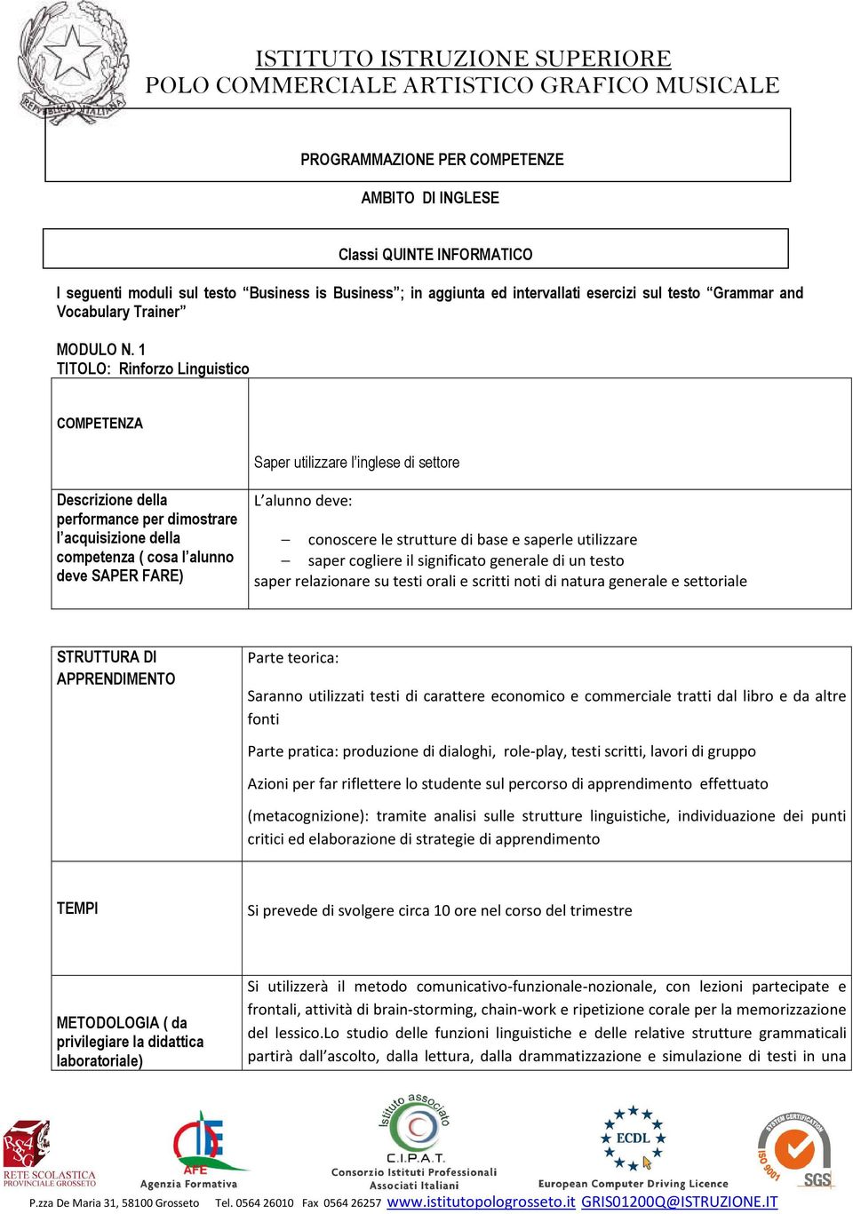 1 TITOLO: Rinforzo Linguistico COMPETENZA Saper utilizzare l inglese di settore L alunno deve: conoscere le strutture di base e saperle utilizzare saper cogliere il significato generale di un testo