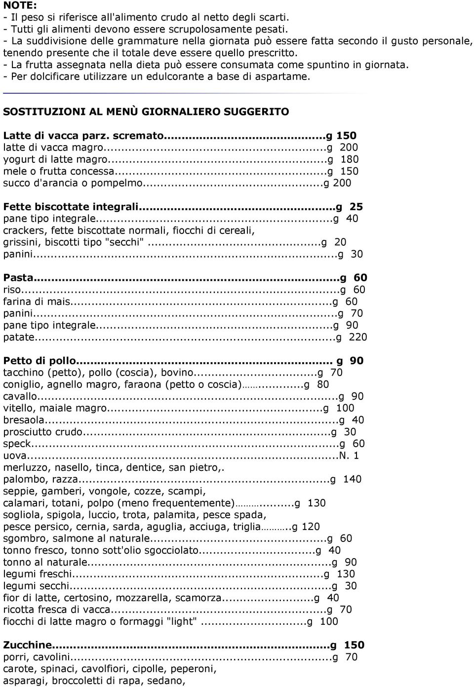 - La frutta assegnata nella dieta può essere consumata come spuntino in giornata. - Per dolcificare utilizzare un edulcorante a base di aspartame.