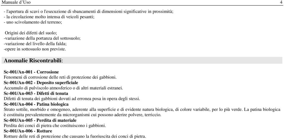 Anomalie Riscontrabili: Sc-001/An-001 - Corrosione Fenomeni di corrosione delle reti di protezione dei gabbioni.