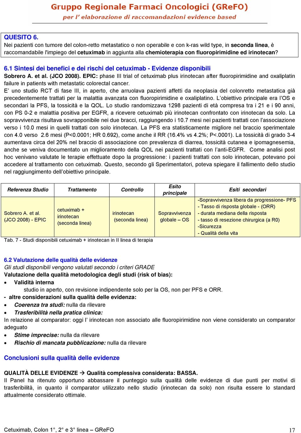 fluoropirimidine ed irinotecan? 6.1 Sintesi dei benefici e dei rischi del cetuximab - Evidenze disponibili Sobrero A. et al. (JCO 2008).