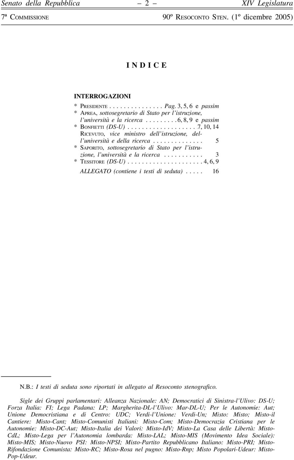 ..4, 6, 9 ALLEGATO (contiene i testi di seduta)... 16 N.B.: I testi di seduta sono riportati in allegato al Resoconto stenografico.