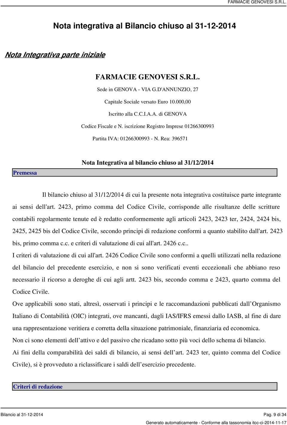 Rea: 396571 Premessa Nota Integrativa al bilancio chiuso al 31/12/2014 Il bilancio chiuso al 31/12/2014 di cui la presente nota integrativa costituisce parte integrante ai sensi dell'art.