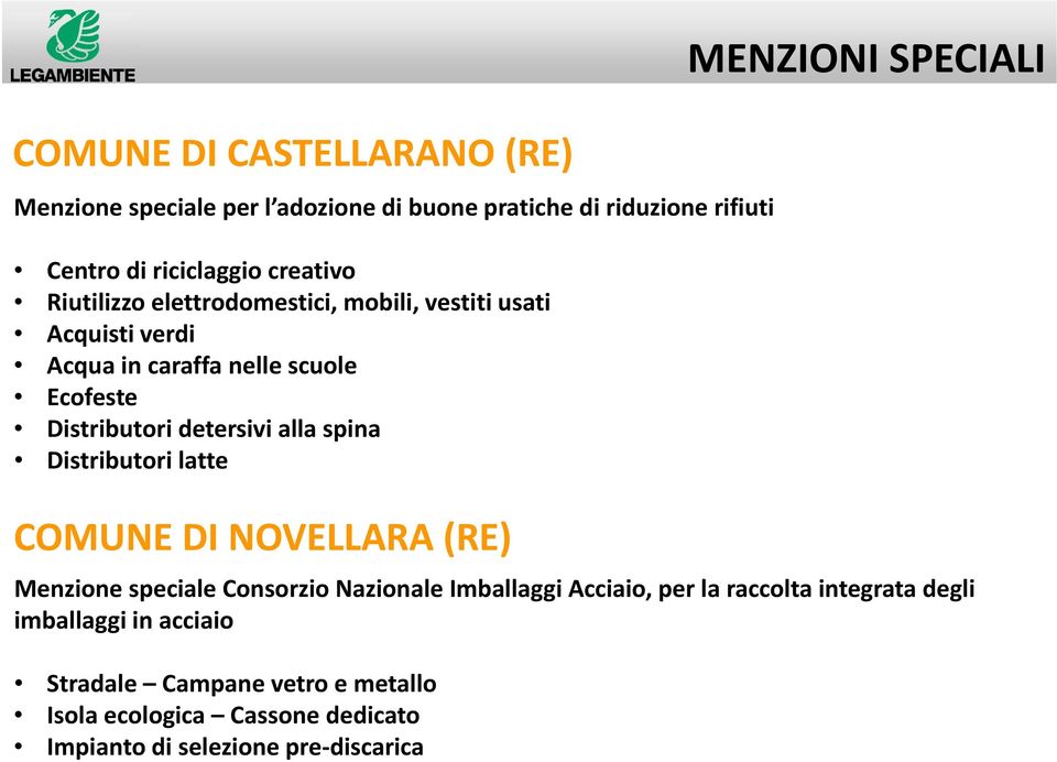 spina Distributori latte COMUNE DI NOVELLARA (RE) MENZIONI SPECIALI Menzione speciale Consorzio Nazionale Imballaggi Acciaio, per la