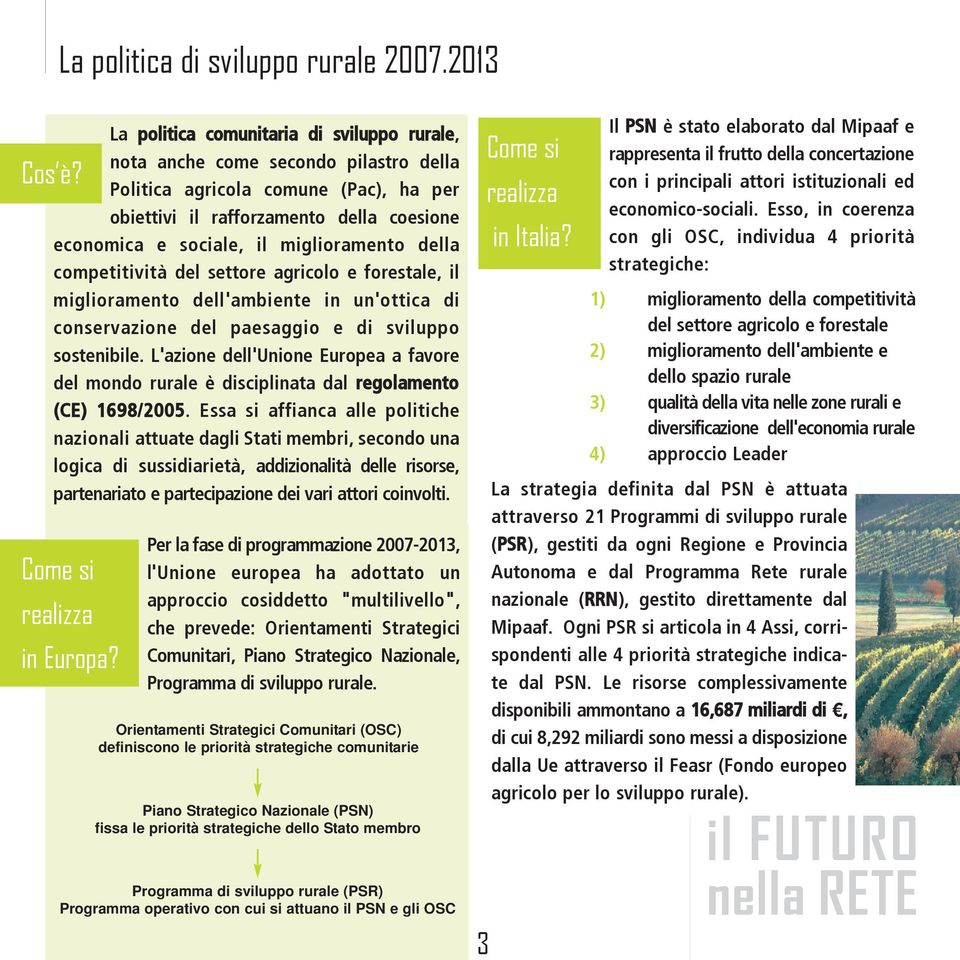 miglioramento della competitività del settore agricolo e forestale, il miglioramento dell'ambiente in un'ottica di conservazione del paesaggio e di sviluppo sostenibile.